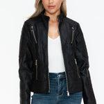 Snobbish Faux Leather Zip Up Mock Neck Jacket - All Mine Now Clothing