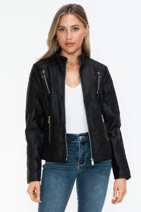 Snobbish Faux Leather Zip Up Mock Neck Jacket - All Mine Now Clothing