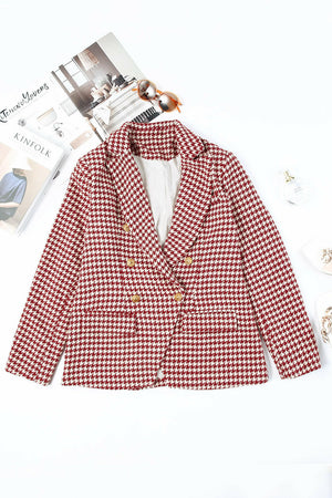 Houndstooth Collared Neck Double-Breasted Blazer Trendsi