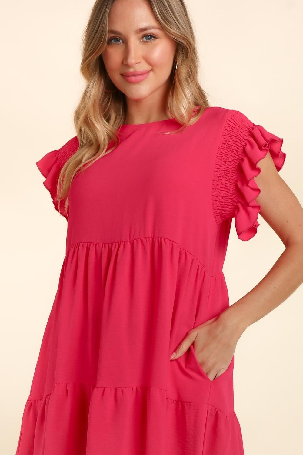 Haptics Full Size Smocking Ruffle Short Sleeve Dress with Pockets - All Mine Now Clothing