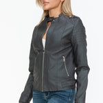 Snobbish PU Leather Biker Jacket with Side Zip Pockets - All Mine Now Clothing