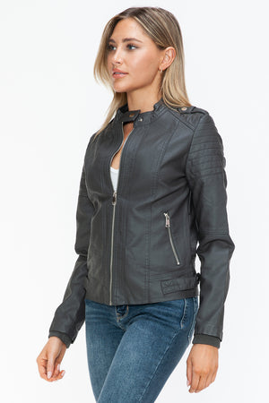 Snobbish PU Leather Biker Jacket with Side Zip Pockets - All Mine Now Clothing