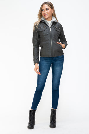 YMI Removable Faux Layered Multi-Pocket Jacket with Fuzzy Hood - All Mine Now Clothing