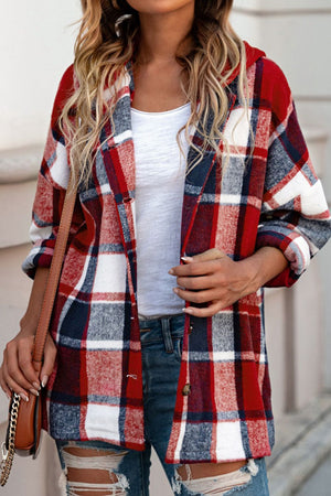 Plaid Button Up Hooded Shacket - All Mine Now Clothing