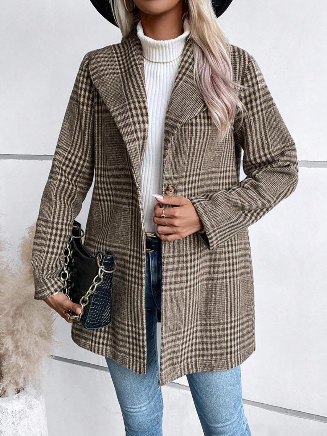 Plaid Collared Neck Long Sleeve Jacket - All Mine Now Clothing