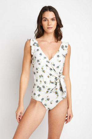 Marina West Swim Float On Ruffle Faux Wrap One-Piece in Daisy Cream - All Mine Now Clothing