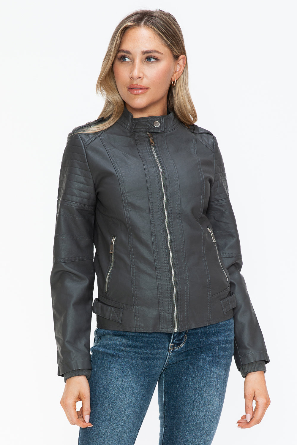 Snobbish PU Leather Biker Jacket with Side Zip Pockets - All Mine Now Clothing