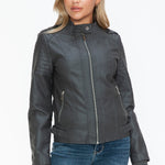 Snobbish PU Leather Biker Jacket with Side Zip Pockets - All Mine Now Clothing