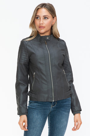 Snobbish PU Leather Biker Jacket with Side Zip Pockets - All Mine Now Clothing