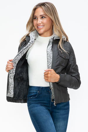 YMI Removable Faux Layered Multi-Pocket Jacket with Fuzzy Hood - All Mine Now Clothing