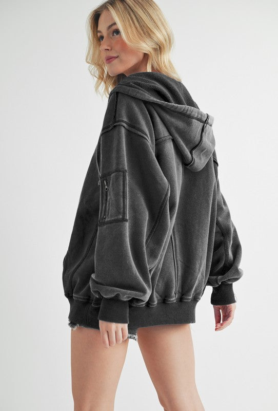 Aemi+Co Exposed Seam Zip Up Drawstring Hooded Jacket Trendsi