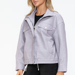 How Dare U Drawstring Hem PU Leather Zip Up Jacket - All Mine Now Clothing