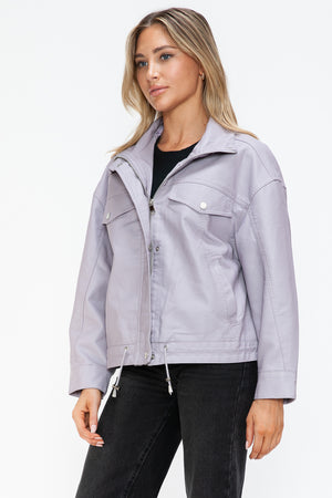 How Dare U Drawstring Hem PU Leather Zip Up Jacket - All Mine Now Clothing