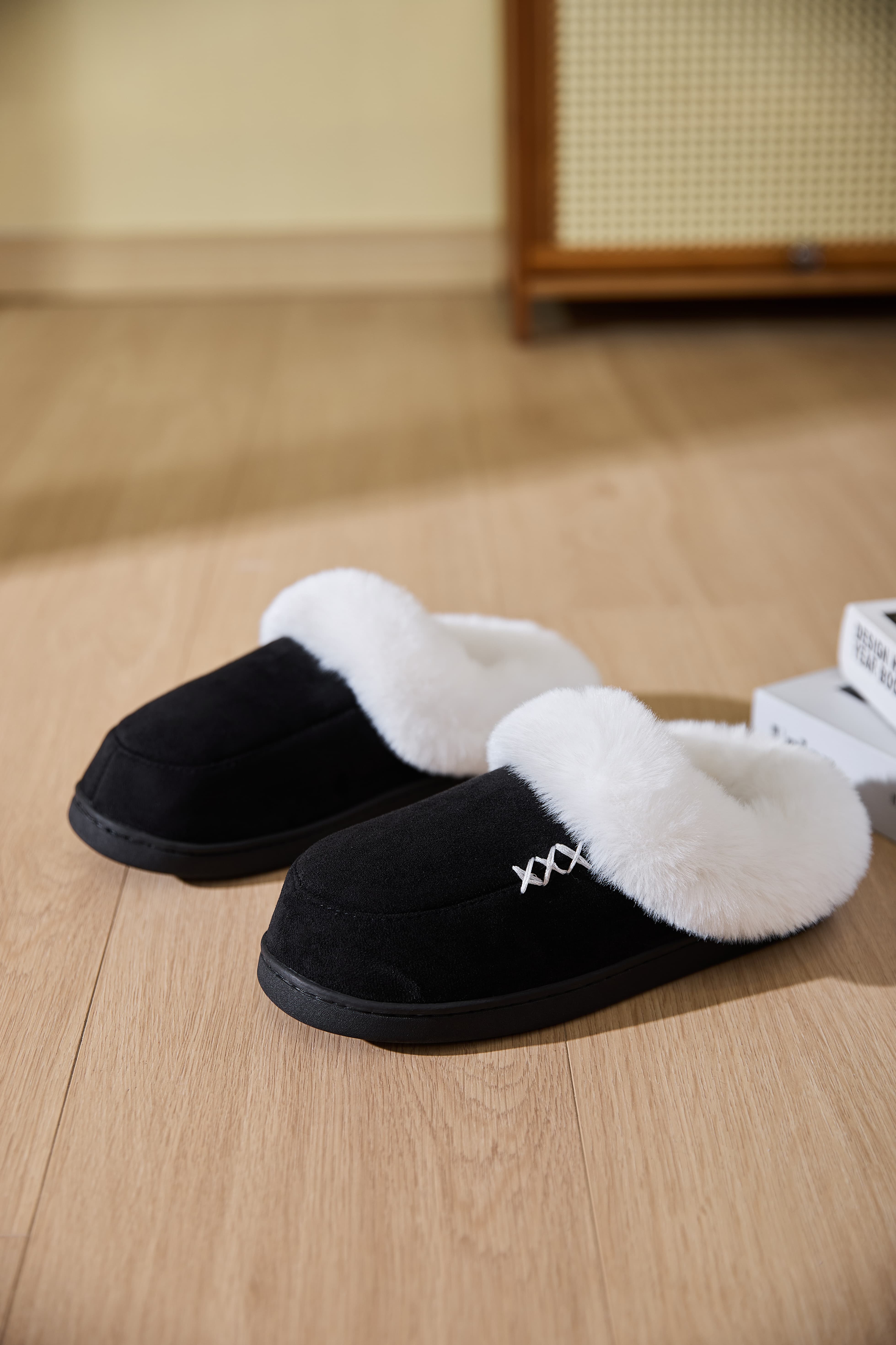 Fluff Trim Round Toe Flat Slippers - All Mine Now Clothing