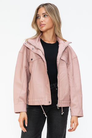 How Dare U Drawstring Hem PU Leather Zip Up Jacket - All Mine Now Clothing