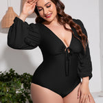 Plus Size Tied Deep V Balloon Sleeve One-Piece Swimsuit - All Mine Now Clothing