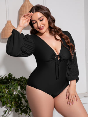 Plus Size Tied Deep V Balloon Sleeve One-Piece Swimsuit - All Mine Now Clothing