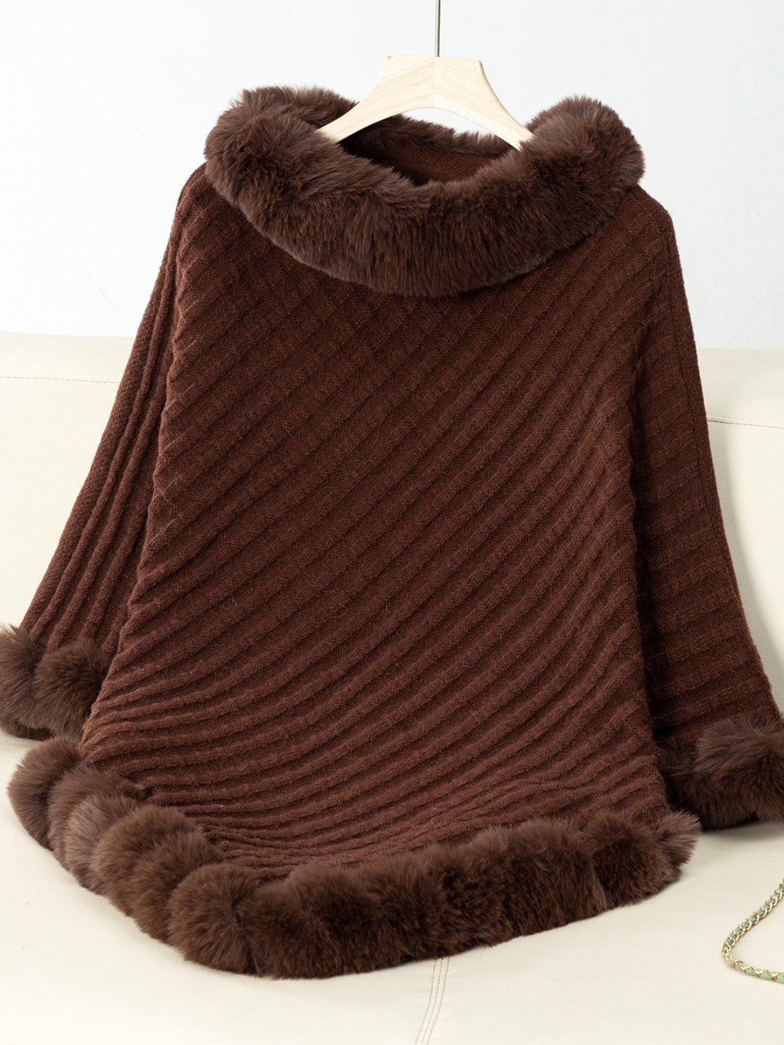 Fuzzy Trim Texture Three-Quarter Sleeve Poncho - All Mine Now Clothing