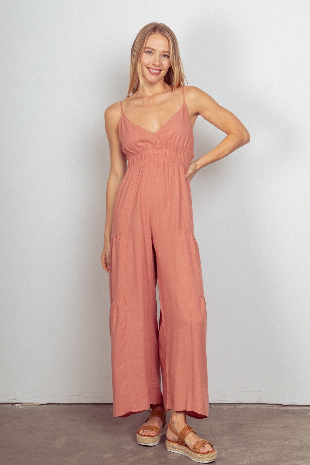 VERY J Sleeveless Ruched Wide Leg Jumpsuit - All Mine Now Clothing