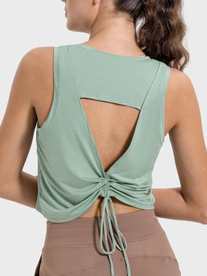 Millennia Drawstring Cutout Round Neck Active Tank - All Mine Now Clothing