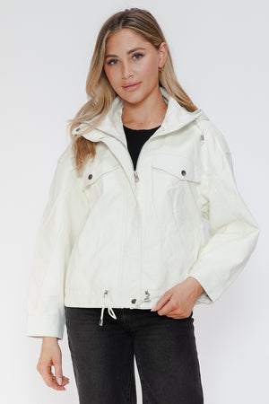 How Dare U Drawstring Hem PU Leather Zip Up Jacket - All Mine Now Clothing