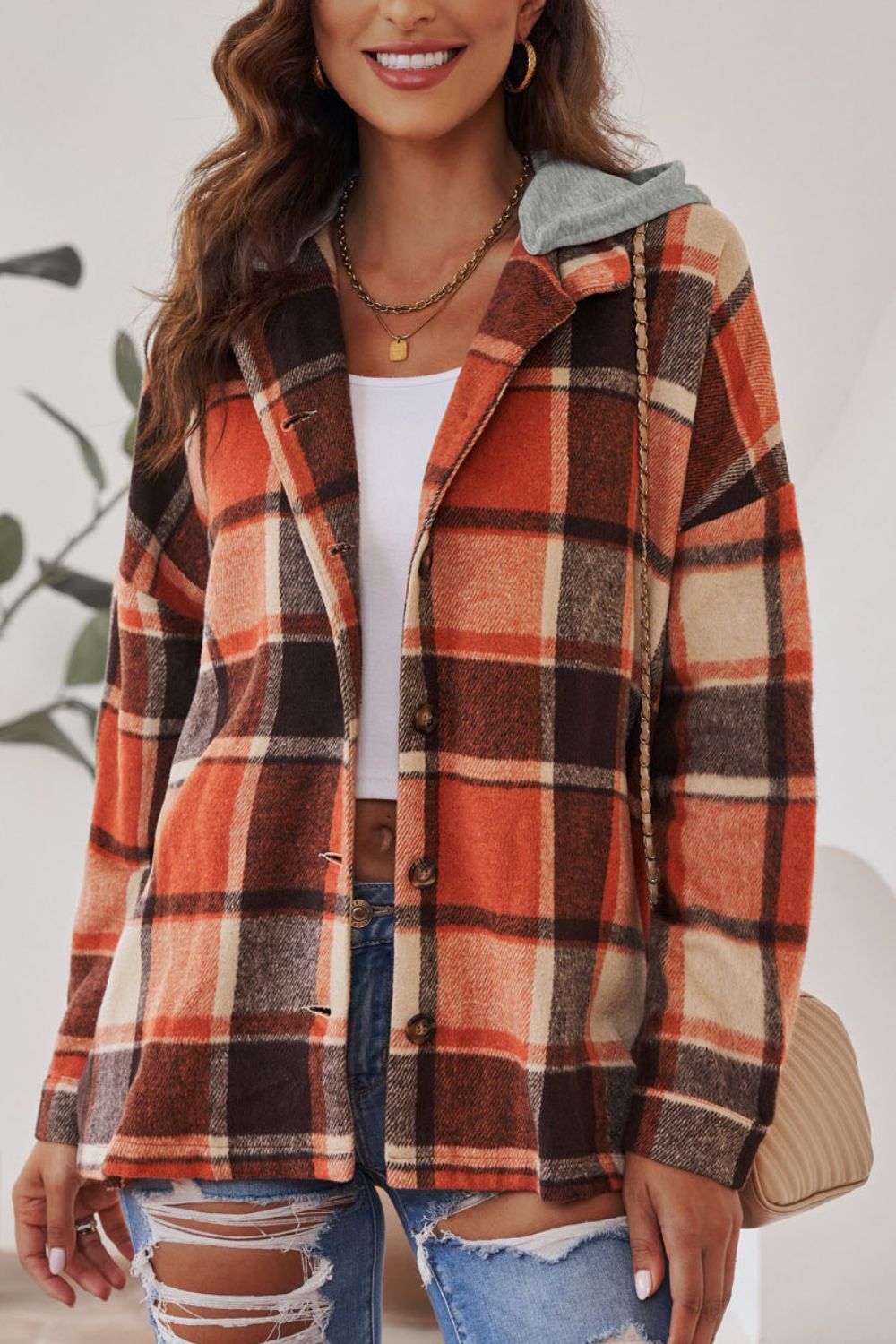 Plaid Button Up Hooded Shacket - All Mine Now Clothing