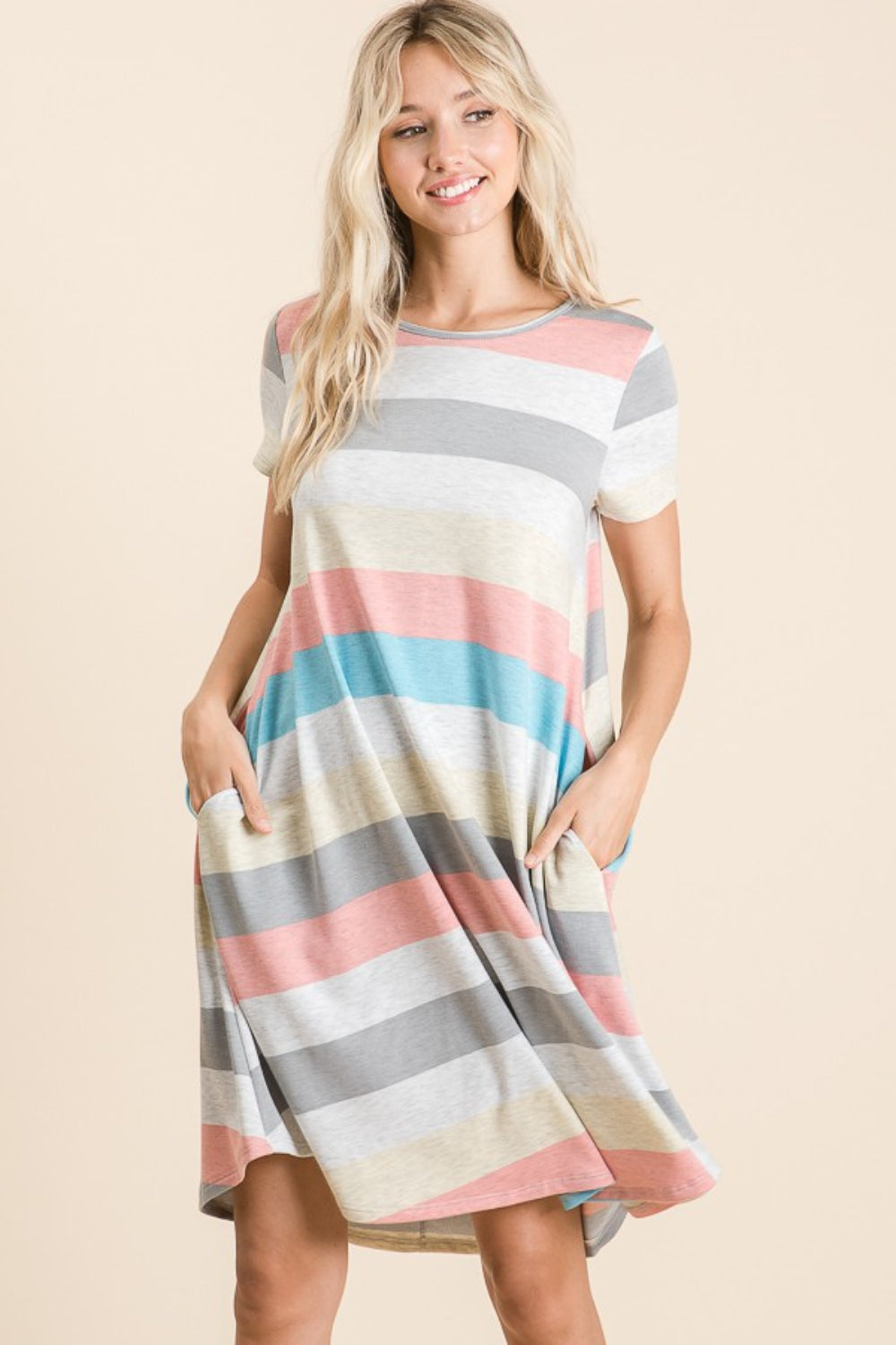 BOMBOM Striped Short Sleeve Dress with Pockets - All Mine Now Clothing