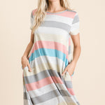 BOMBOM Striped Short Sleeve Dress with Pockets - All Mine Now Clothing