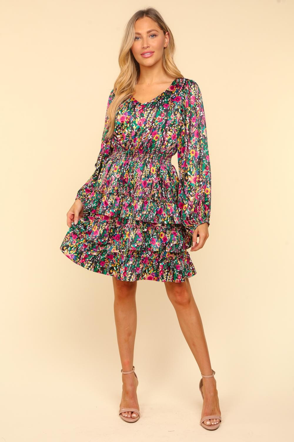 Haptics V-Neck Satin Floral Layered Dress - All Mine Now Clothing