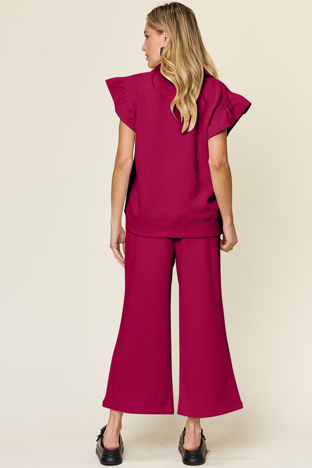 Double Take Texture Ruffle Short Sleeve Top and Drawstring Wide Leg Pants Set - All Mine Now Clothing