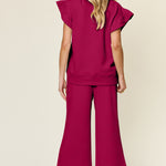 Double Take Texture Ruffle Short Sleeve Top and Drawstring Wide Leg Pants Set - All Mine Now Clothing