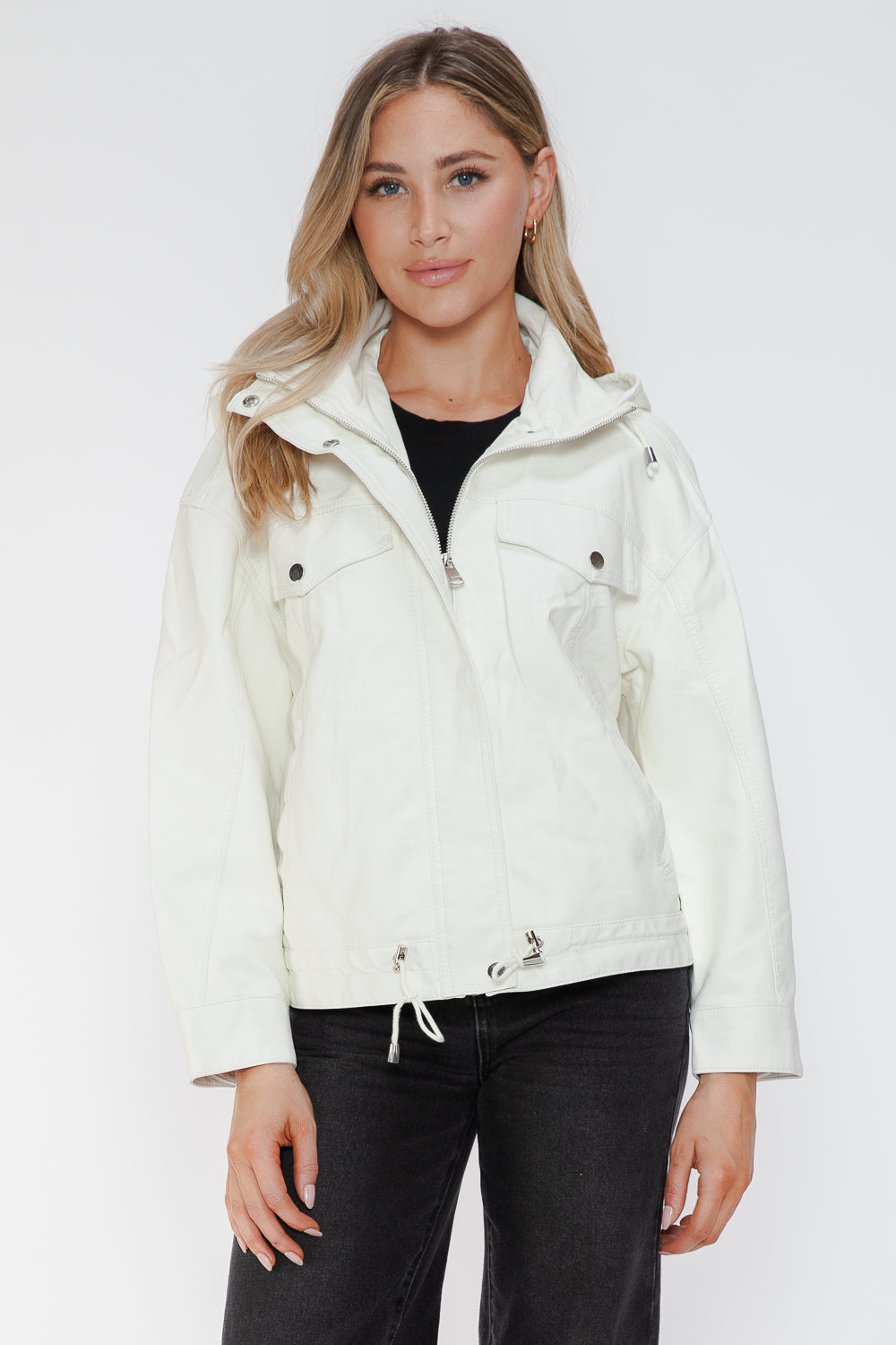 How Dare U Drawstring Hem PU Leather Zip Up Jacket - All Mine Now Clothing