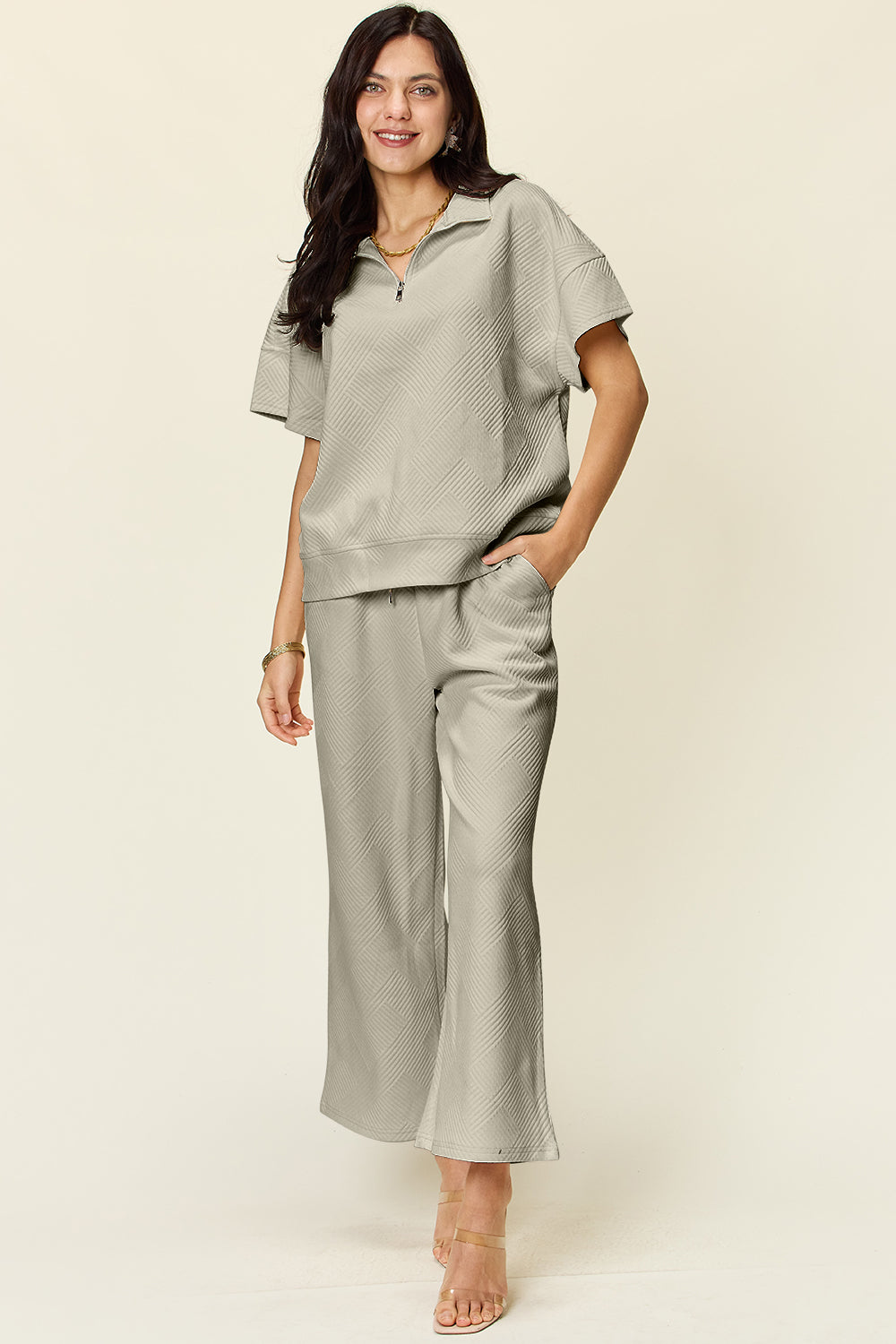 Double Take Full Size Texture Half Zip Short Sleeve Top and Pants Set - All Mine Now Clothing