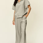 Double Take Full Size Texture Half Zip Short Sleeve Top and Pants Set - All Mine Now Clothing