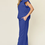 Double Take Texture Ruffle Short Sleeve Top and Drawstring Wide Leg Pants Set - All Mine Now Clothing