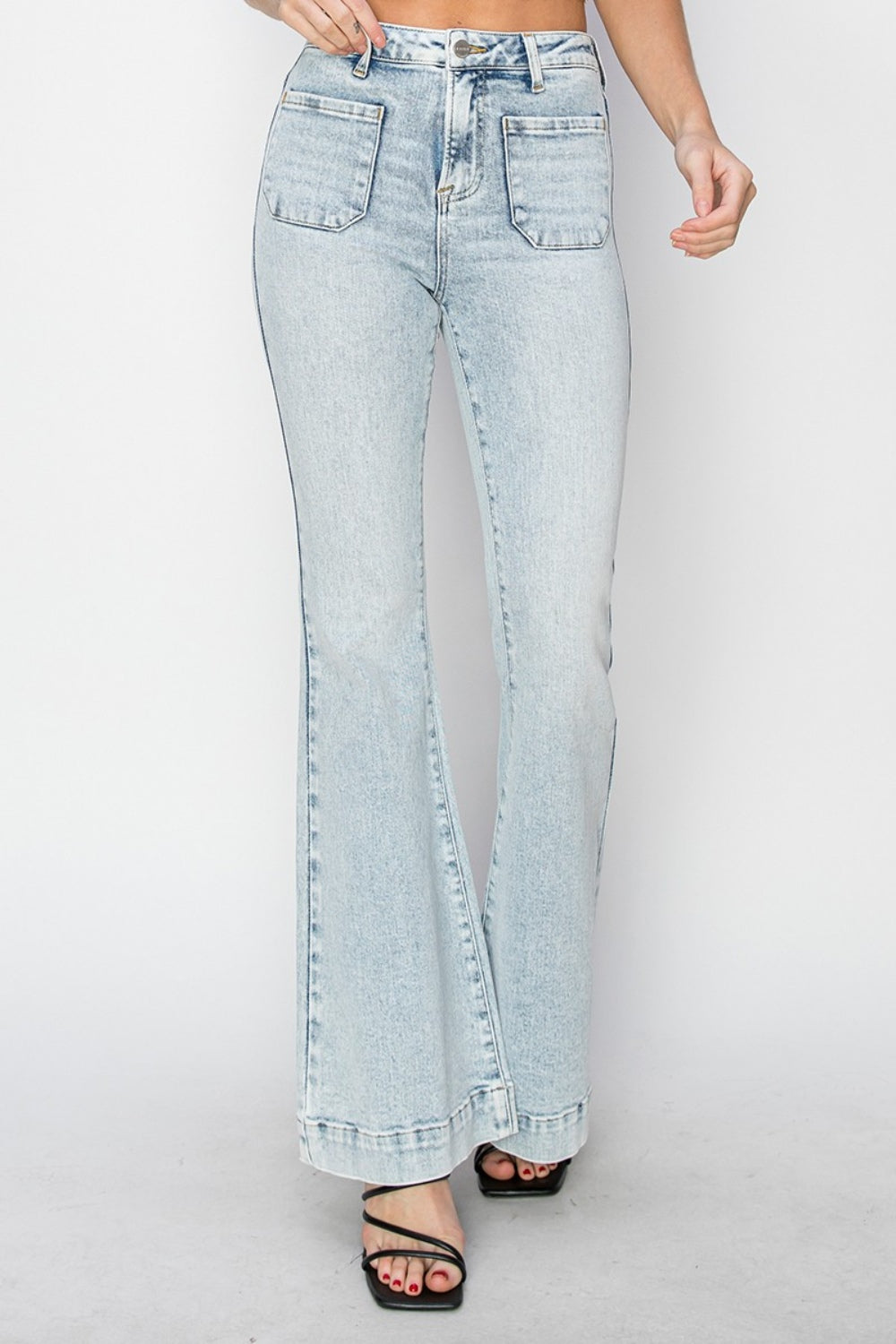 Risen Full Size High Rise Front Patch Pocket Flare Jeans Trendsi