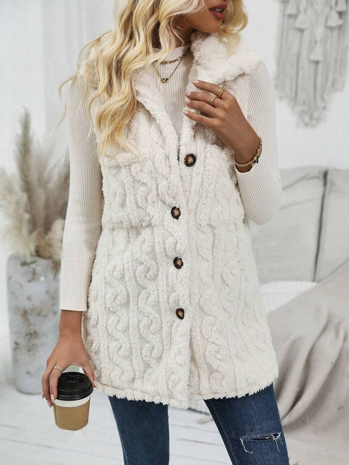 Fuzzy Button Up Vest Coat - All Mine Now Clothing