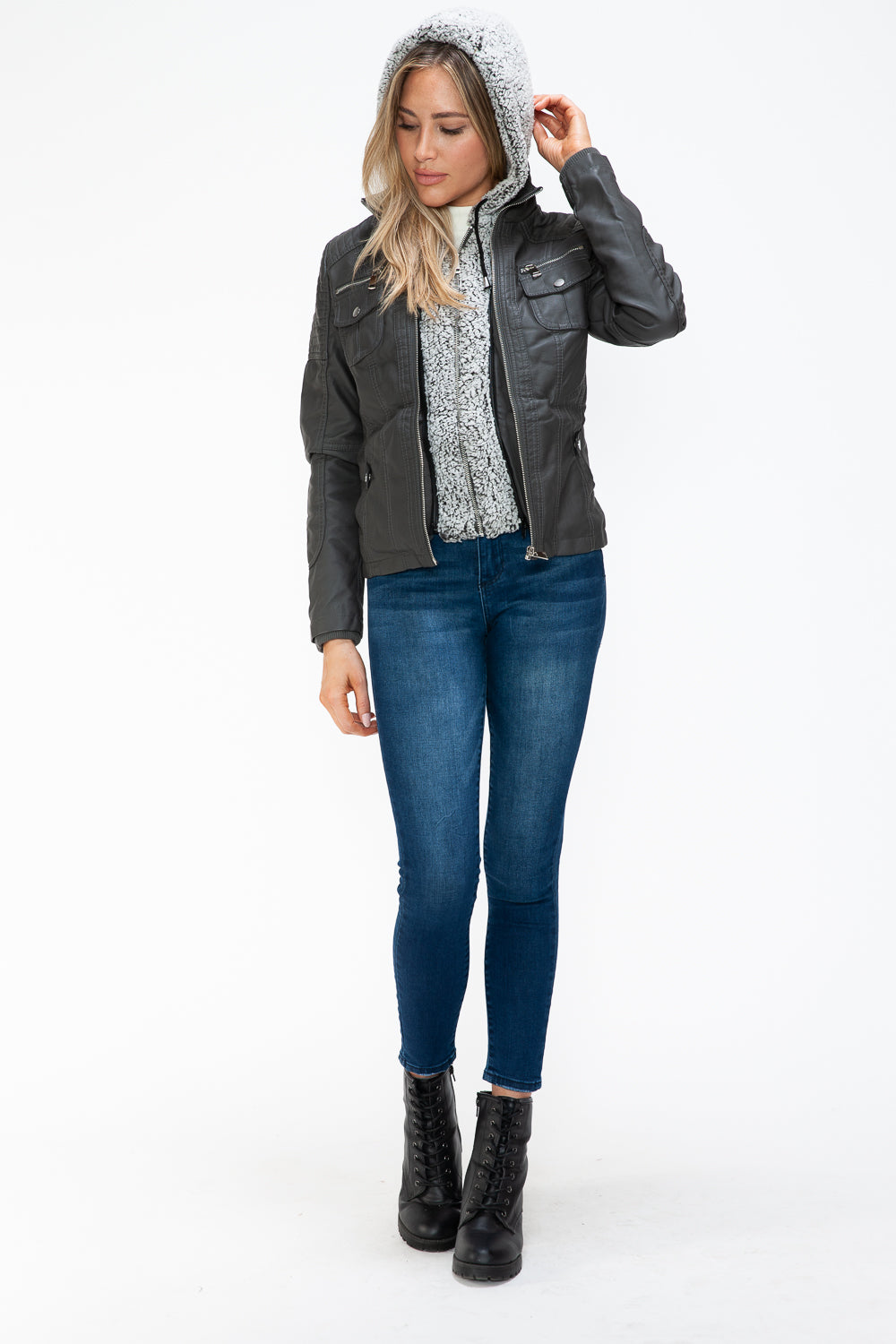 YMI Removable Faux Layered Multi-Pocket Jacket with Fuzzy Hood - All Mine Now Clothing