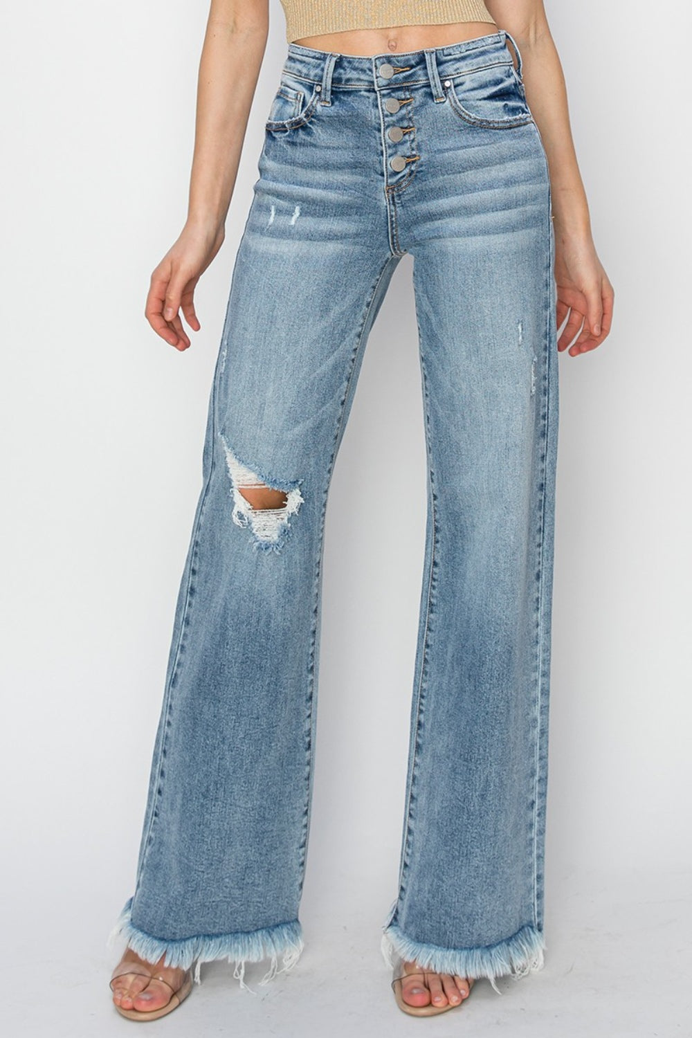 RISEN Mid Rise Button Fly Wide Leg Jeans Trendsi