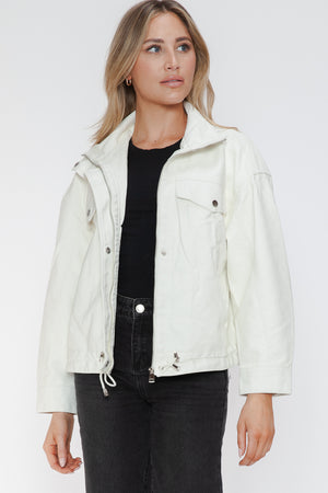 How Dare U Drawstring Hem PU Leather Zip Up Jacket - All Mine Now Clothing