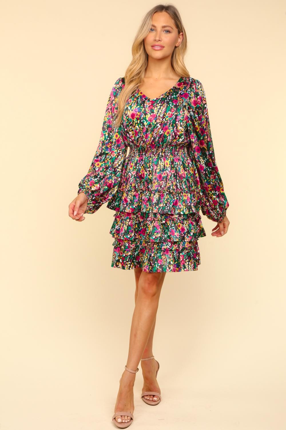 Haptics V-Neck Satin Floral Layered Dress - All Mine Now Clothing