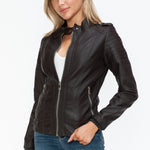 Snobbish PU Leather Biker Jacket with Side Zip Pockets - All Mine Now Clothing