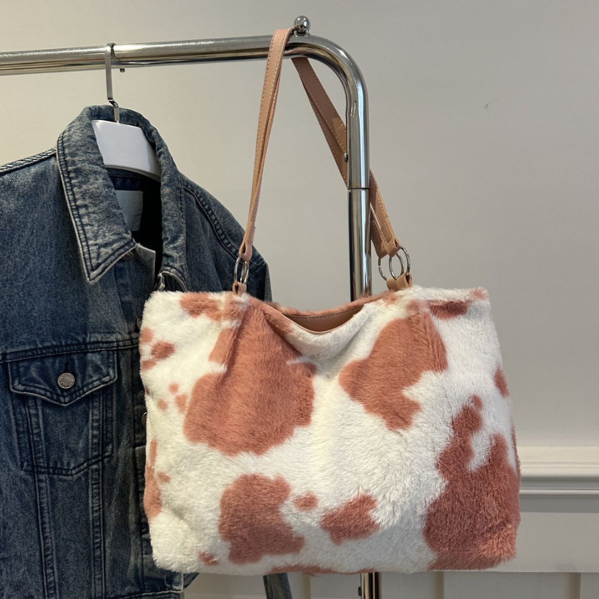 Cow Print Furry Tote Bag - All Mine Now Clothing