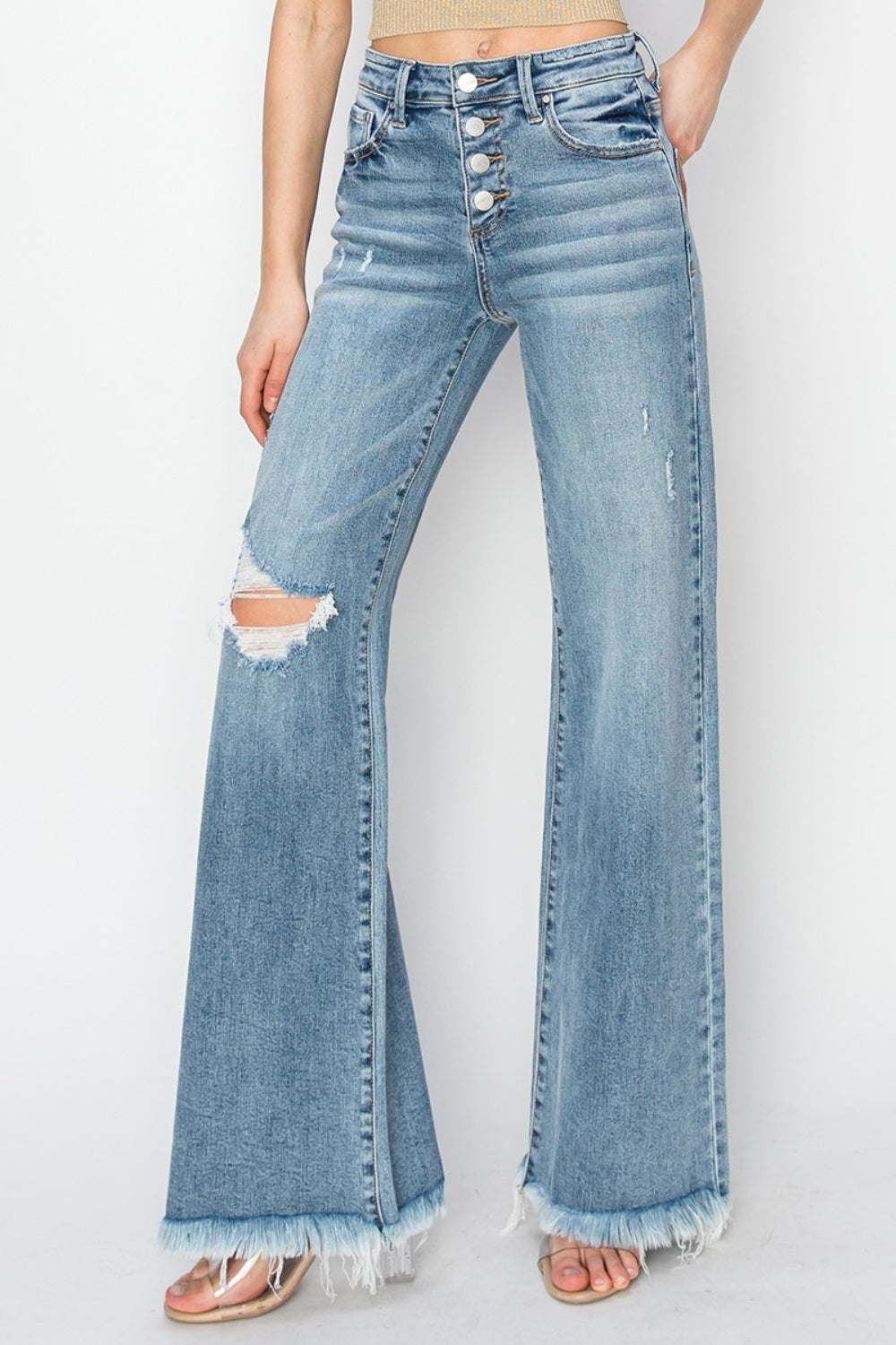 RISEN Mid Rise Button Fly Wide Leg Jeans Trendsi