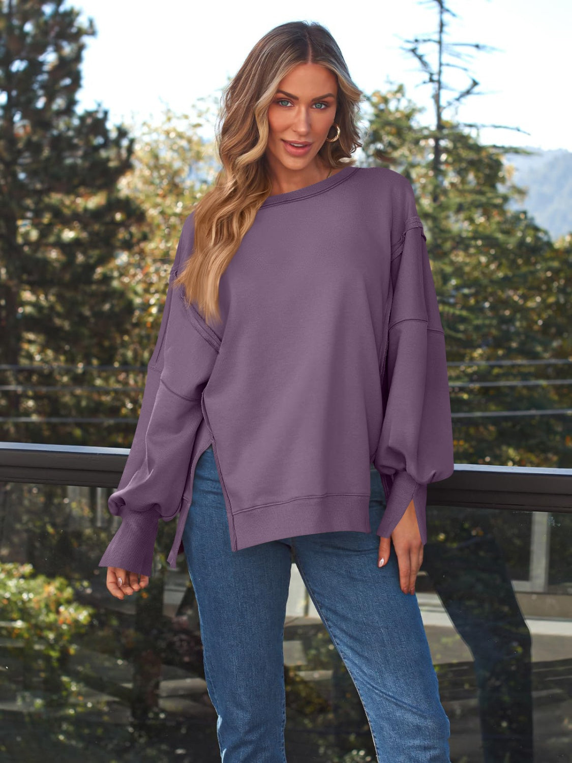 Slit Round Neck Long Sleeve Sweatshirt - All Mine Now Clothing