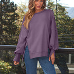 Slit Round Neck Long Sleeve Sweatshirt - All Mine Now Clothing