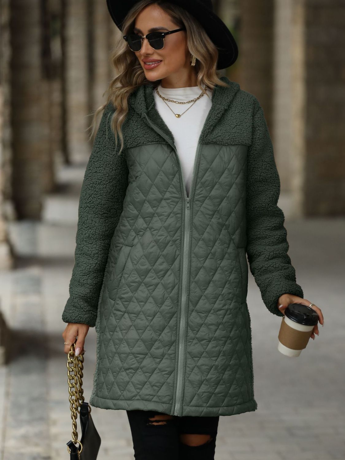 Texture Zip Up Long Sleeve Hooded Coat - All Mine Now Clothing