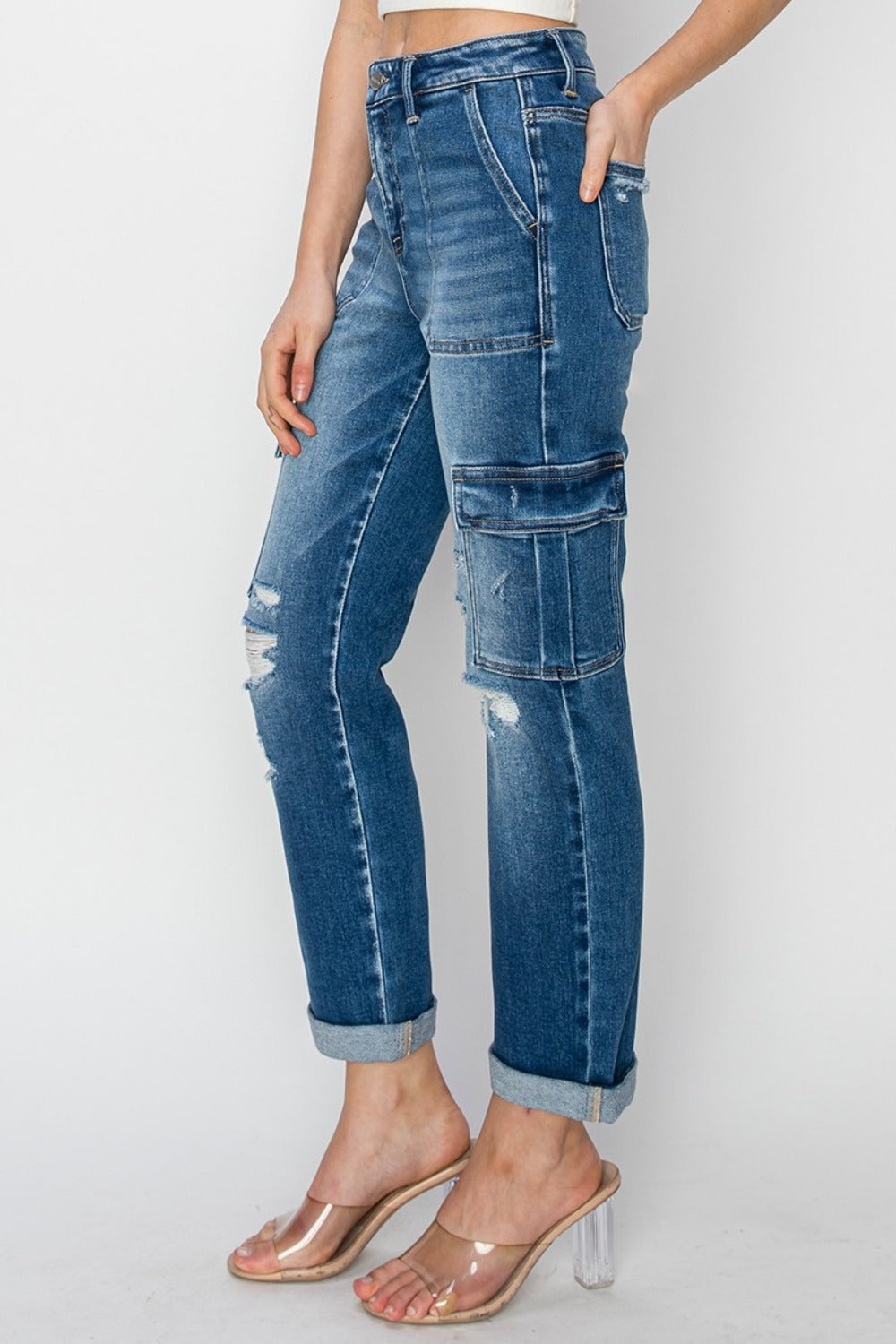 RISEN Full Size High Rise Cargo Ankle Roll Up Straight Jeans - All Mine Now Clothing