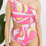 Marina West Swim Vitamin C Asymmetric Cutout Ruffle Swimsuit in Pink - All Mine Now Clothing