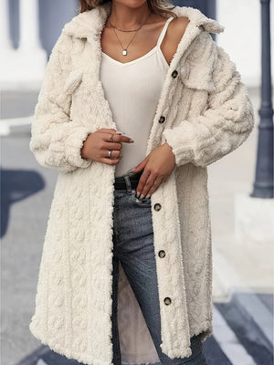 Fuzzy Button Up Long Sleeve Longline Coat Trendsi